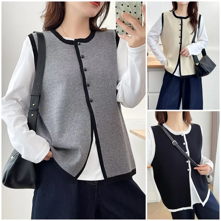 气质马甲秋冬大码宽松拼接撞色叠穿坎肩针织衫女