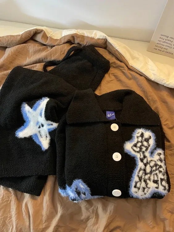 韩版甜美卡通小狗针织半边绒睡衣女冬季新款开衫可外穿家居服睡衣