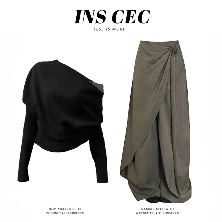 MARIE.COCO御姐风假两件针织毛衣设计感宽松显瘦阔腿长裤套装穿搭