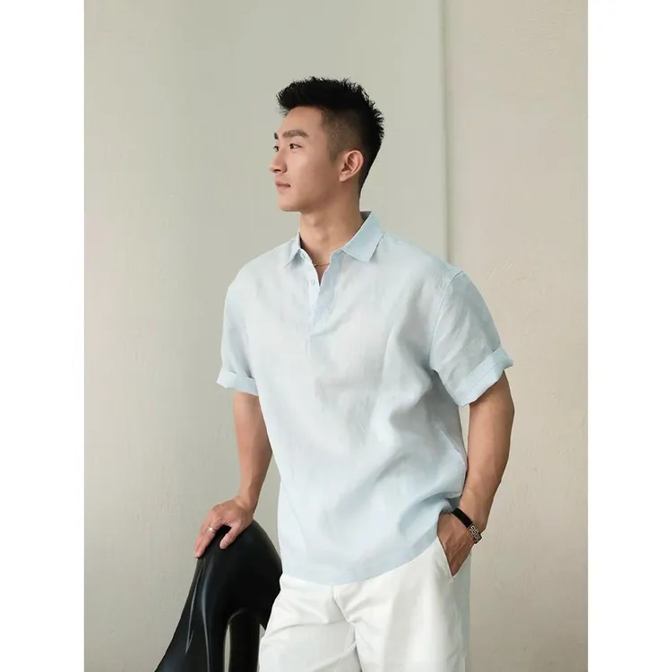 浅蓝色天丝亚麻翻领polo衫男夏季新款轻熟风穿搭透气凉感短袖T恤