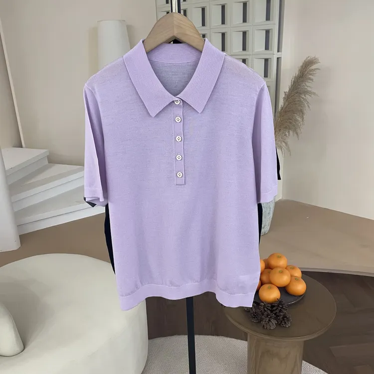 【120支扬子纱～女翻领】100纯羊毛女POLO翻领纽扣短袖针织衫上衣