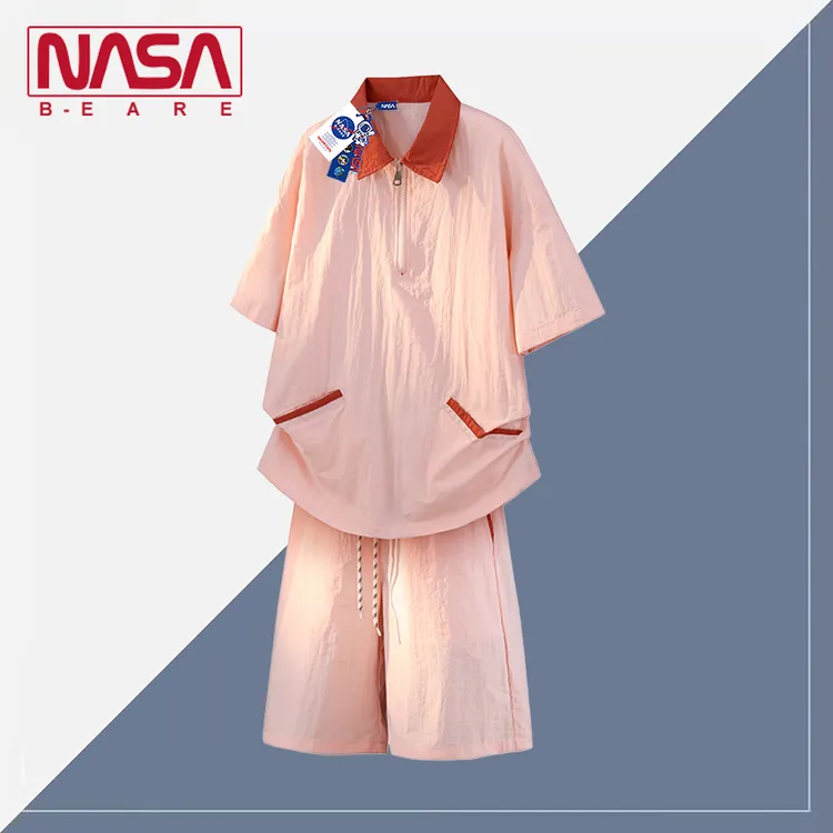 NASA联名粉色冰丝半拉链套装男女2026夏季休闲运动短裤两件套情侣
