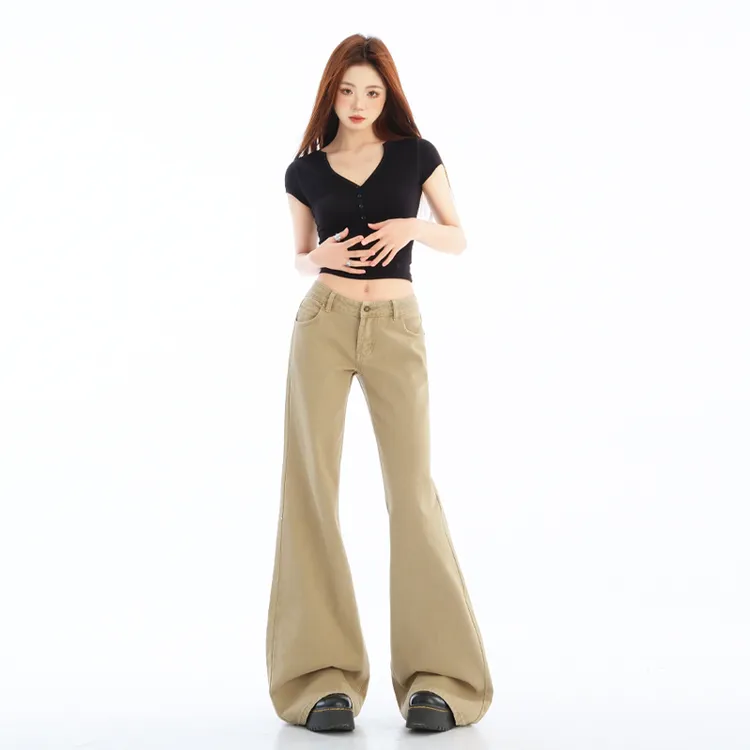 卡其色不贴腿微喇牛仔裤女2025秋季新款美式低腰显瘦拖地马蹄长裤