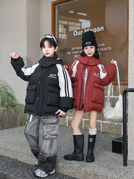 【麻雀专属】韩系男童女童中大童休闲连帽拼接秋冬款羽绒服加厚