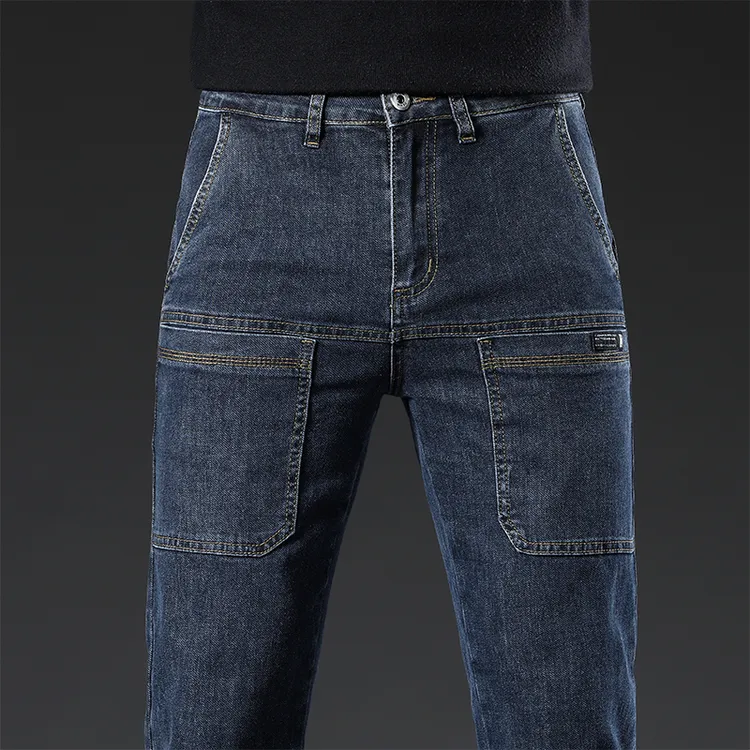 男士秋冬加绒牛仔裤宽松直筒长裤男装六兜多口袋百搭显高弹力男裤