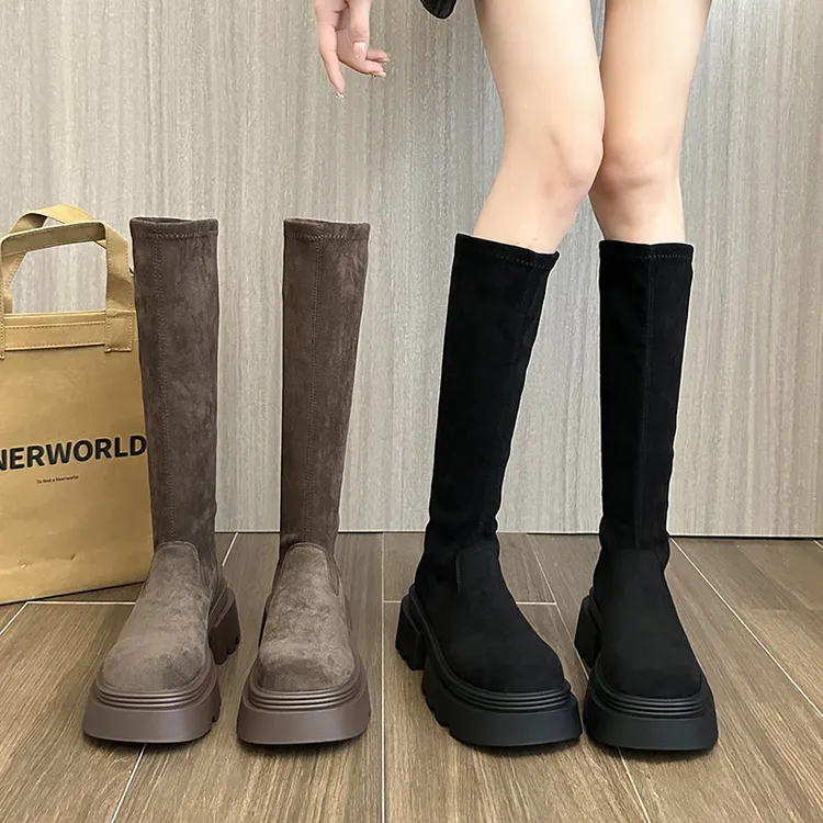 厚底长靴子女新款秋冬小个子绒面弹力瘦瘦靴女百搭不过膝骑士靴女