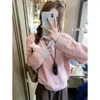 秋冬纯色针织长袖毛针织衫摆拍毛衣拼接复古格子针织衫女X777