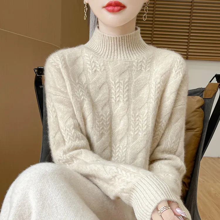 鄂尔都市半高领加厚羊毛衫秋冬保暖宽松长袖针织毛衣女士慵懒风
