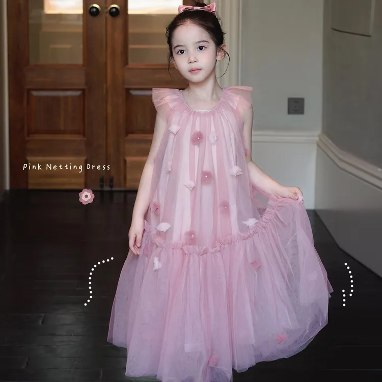 AnnieGirl夏季新款女童粉色网纱连衣裙甜美可爱公主裙洋气2026