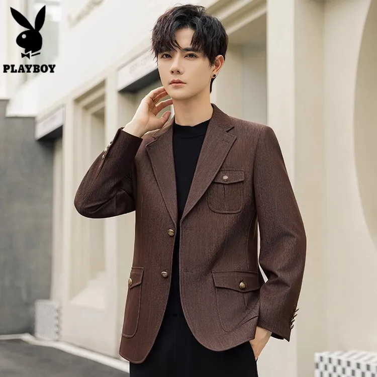花花公子休闲西服外套男士爆款韩版修身复古老钱风西装单件外套