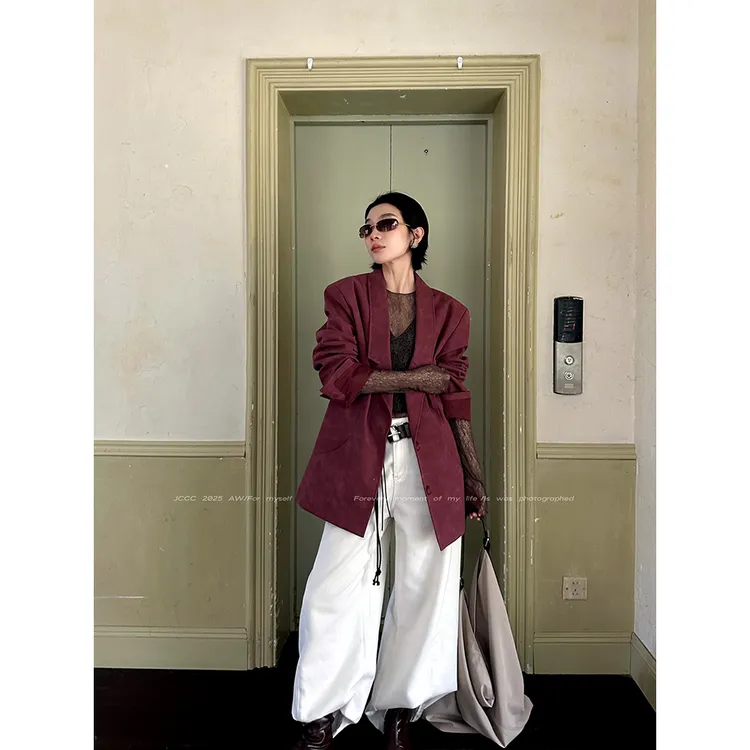 JCCC【夜酿梅子】梅子色哑光晕染显白廓形PU皮西装外套JE4BAZ23