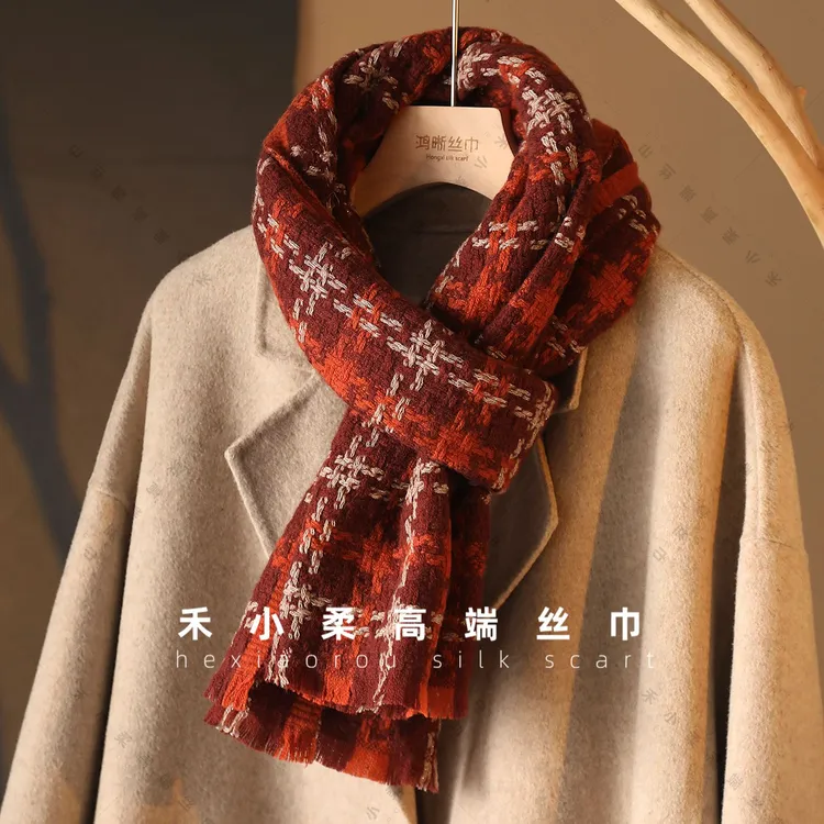 绵羊毛香香编织风苏格兰红180*40长巾披肩女士围巾保暖冬季L044