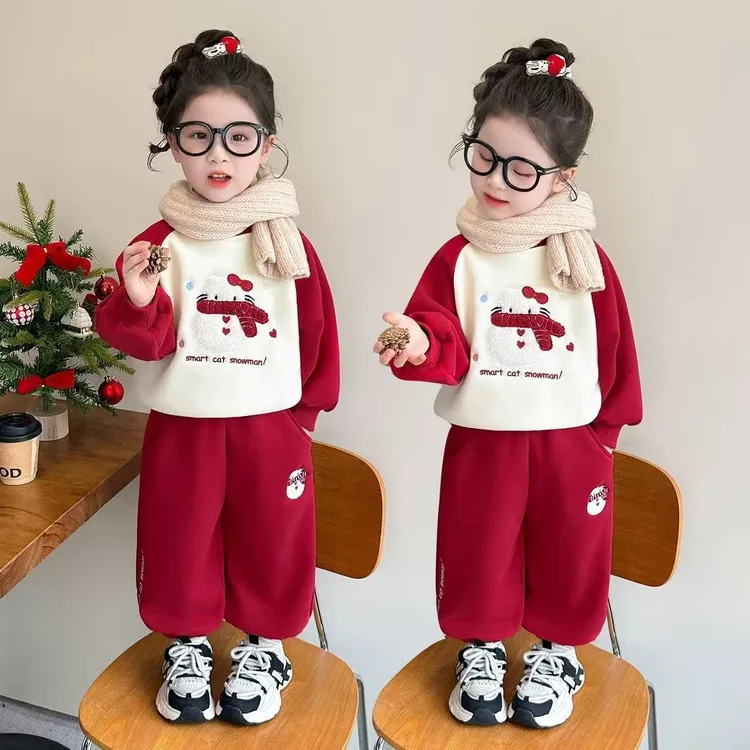 圣诞红色加绒套装秋冬季2025新款儿童卡通两件套宝宝衣服