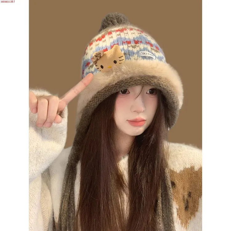 费尔岛风Kitty猫红色针织毛球护耳帽女秋冬加厚保暖流苏包头帽子