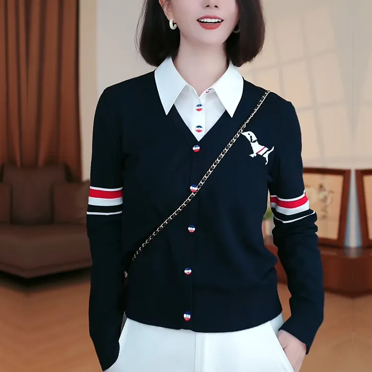 【千韵伊然】直播间同款小狗经典百搭撞色假两件长袖针织衫上衣