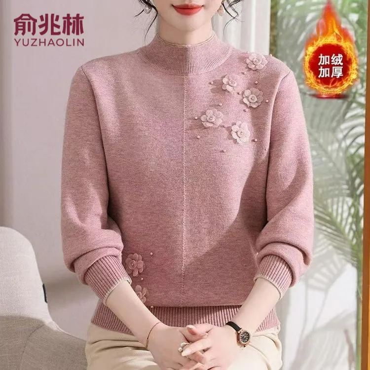 俞兆林中老年加绒针织衫中老年女装肌理常规法式半高领针织衫毛衣