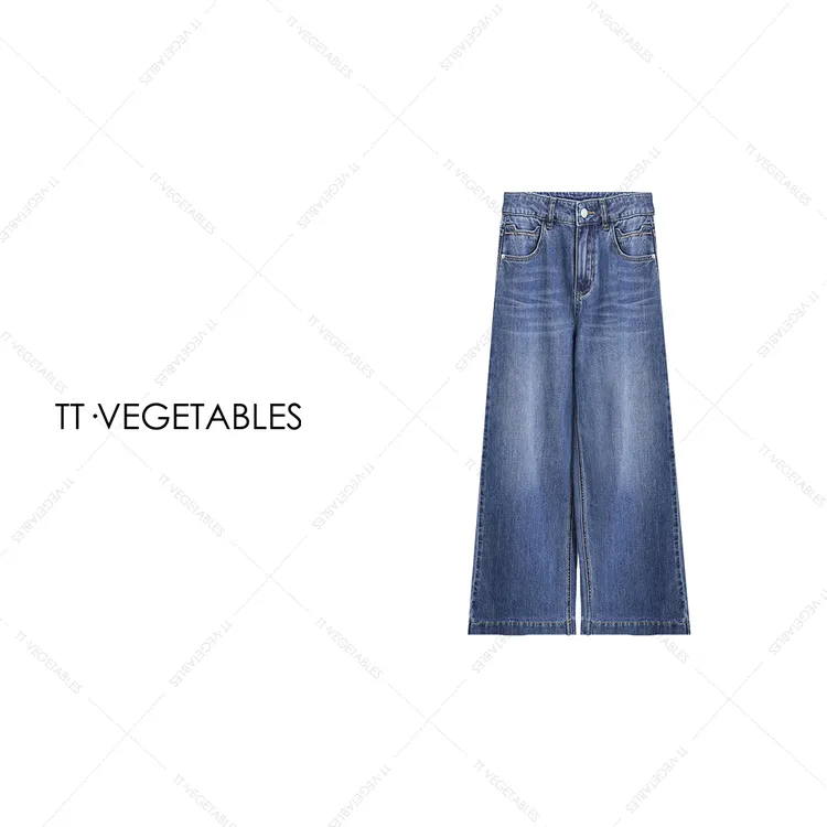 TT・VEGETABLES【序白】蓝淇 棉氨混纺直筒裤纯色牛仔裤阔腿裤521004