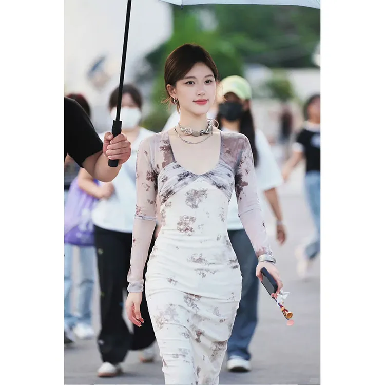 许我耀眼赵露思许妍同款新中式水墨晕染连衣裙小众显瘦包臀连衣裙