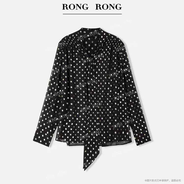 溶溶【鎏金】RONGRONG 飘带领提花烫金波点优雅雪纺衬衫ZGQ6C2733A
