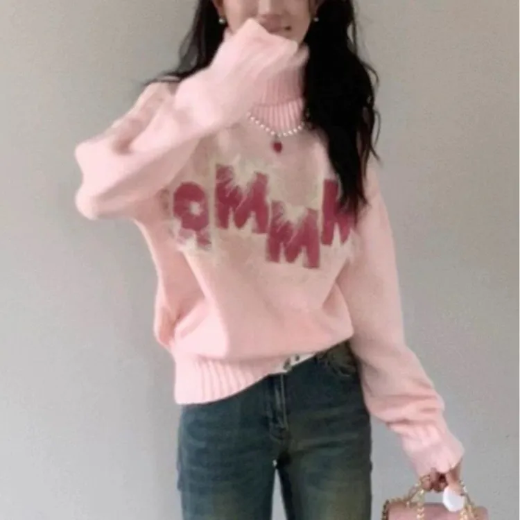 粉色字母奶fufu毛衣女秋冬季慵懒风复古气质高领针织外套宽松穿搭