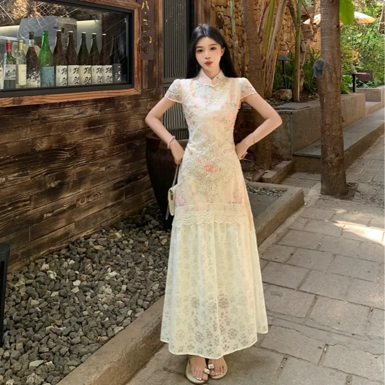 大码新中式假两件改良旗袍女春夏季胖mm显瘦蕾丝拼接镂空连衣裙子