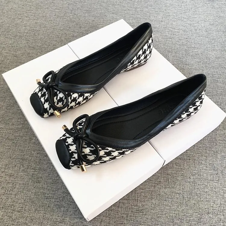 方头平底单鞋女2025春季软底瓢鞋蝴蝶结浅口豆豆鞋舒适复古奶奶鞋