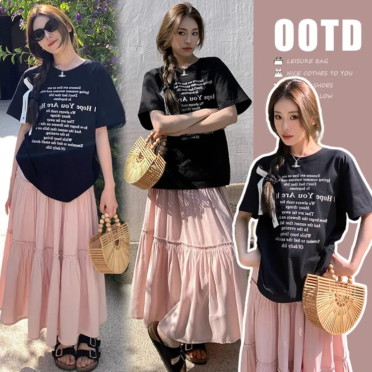 孕妇装夏季宽松短袖T恤+时尚宽松大码度假风褶皱孕期穿搭半身裙潮