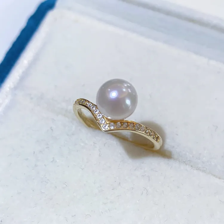 银镶锆海水Akoya珍珠戒指可调节气质女