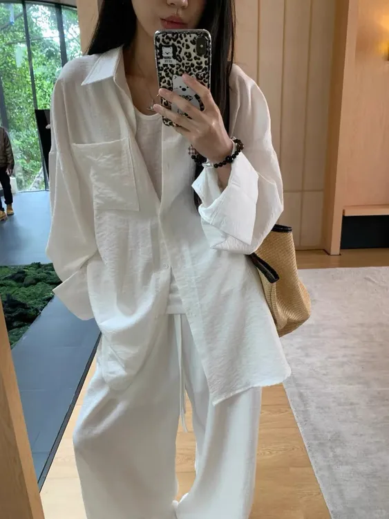 小众春夏松弛老钱风慵懒套装宽松衬衫高腰系带休闲阔腿裤