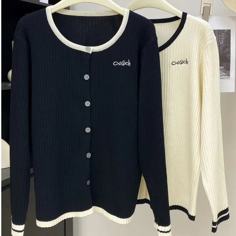 拼色刺绣针织开衫女2024秋季韩版百搭坑条长袖显瘦上衣#9006