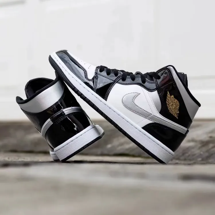 AIR JORDAN 1 MID 漆皮正品AJ1男款银勾中帮黑白银球鞋HV0789-010