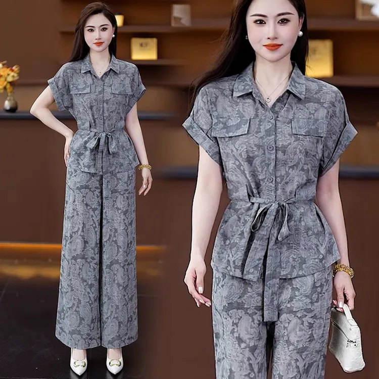 女士套装夏季新款收腰短袖显瘦九分妈妈装阔腿裤女士夏季新款套装