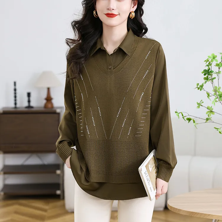 假两件衬衫女2025新款针织拼接上衣高级感大码衬衣领打底衫遮肚子