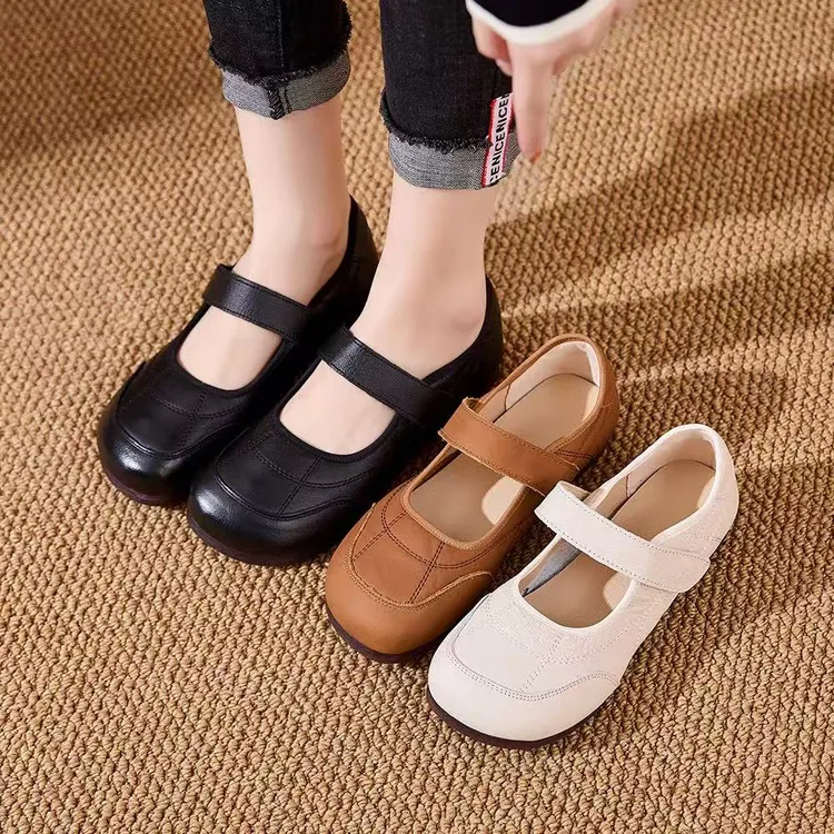 休闲风复古低跟魔术贴透气单鞋浅口皮鞋休闲日常春秋