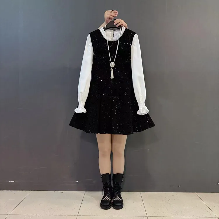 木耳边领衬衫无袖亮晶晶蝴蝶结荷叶边连衣裙胖MM小香风两件套