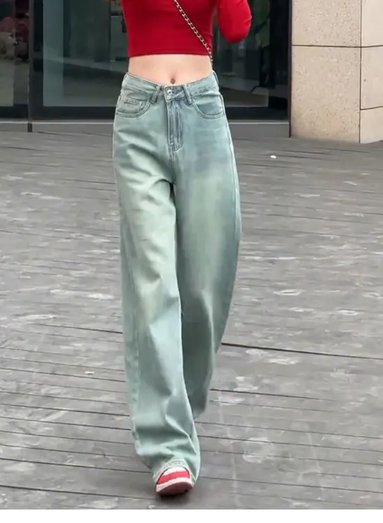 浅色阔腿牛仔裤女夏季薄款2025新款小个子高腰垂感窄版直筒拖地裤