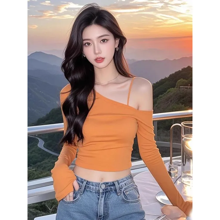橘黄色斜肩德绒长袖打底衫女设计感甜辣妹修身潮紧身挂脖一字肩