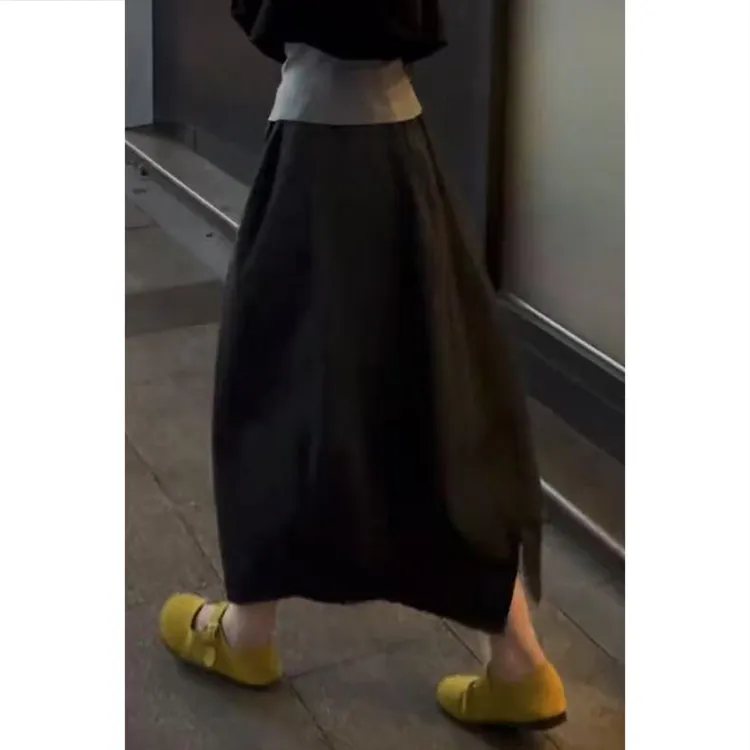 艾塔莉复古风系带松紧腰半身裙梨形身材纯色百搭后开叉宽松中长裙