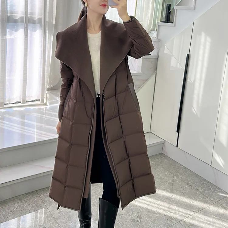 冬季新款高端大牌羊绒双面呢拼接白鹅绒羽绒服女长款腰带大衣外套