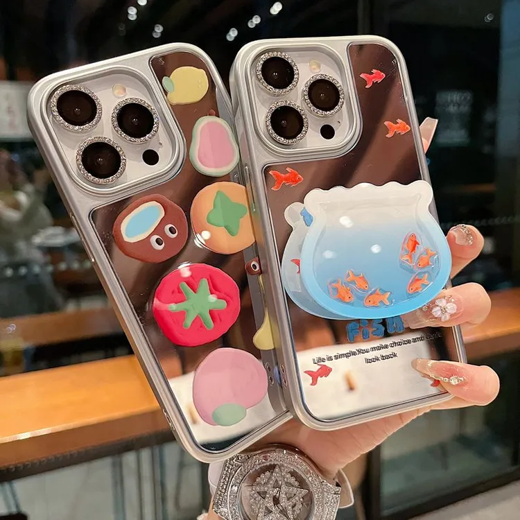 适用苹果系列iPhone16新款手机壳创意镜面金鱼支架全包防摔保护套