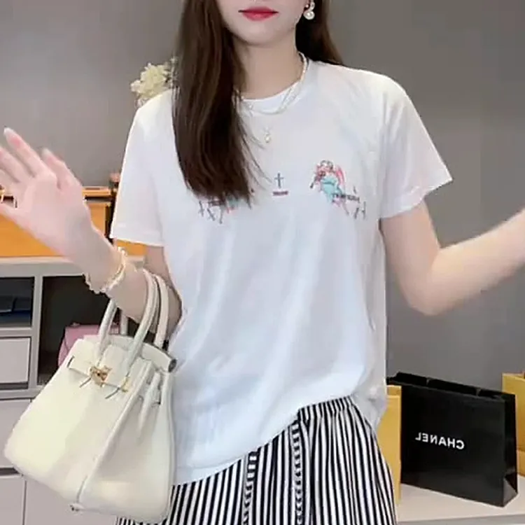 天使印花雪花棉圆领短袖T恤女新款夏季宽松设计休闲百搭简约上衣