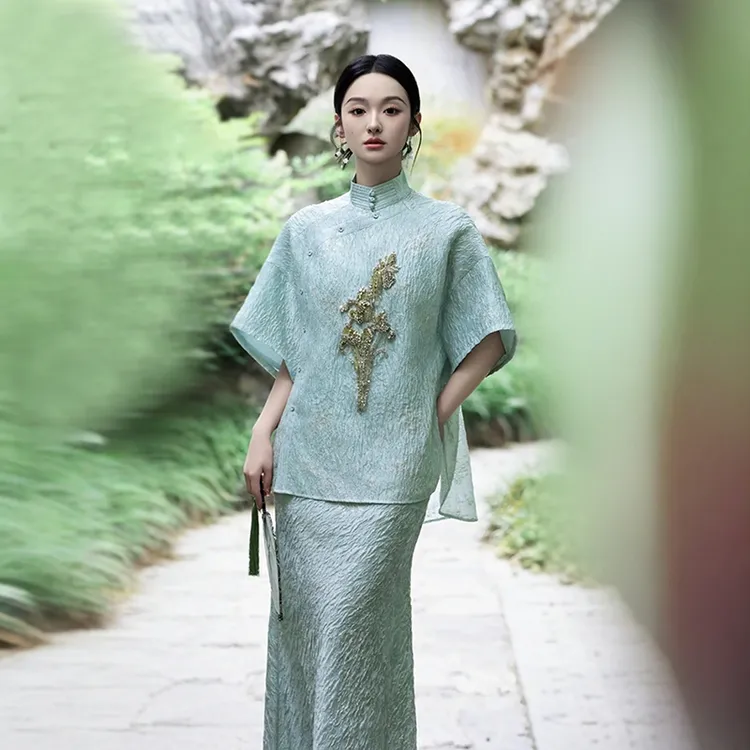 新中式遮肉套装国风复古重工珠绣夏季新款高级感超好看绿色两件套