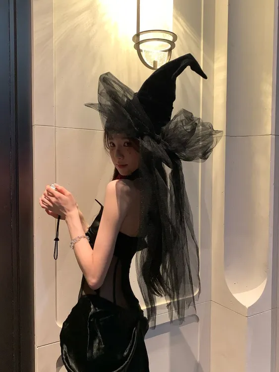 黑天鹅序曲 万圣节cos装扮黑色蕾丝花朵女巫帽魔法帽暗黑系头饰女