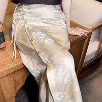 7071新中式国风旗袍高腰显瘦扣开衩中长半身裙