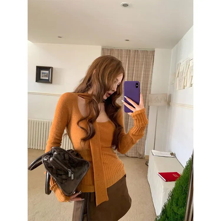 秋季复古风修身显瘦百搭时尚针织薄款长袖上衣气质高腰半身裙套装