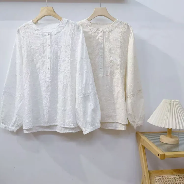 MANXMAN【雨落花枝】新款圆领重工刺绣拼接长袖百搭衬衫女