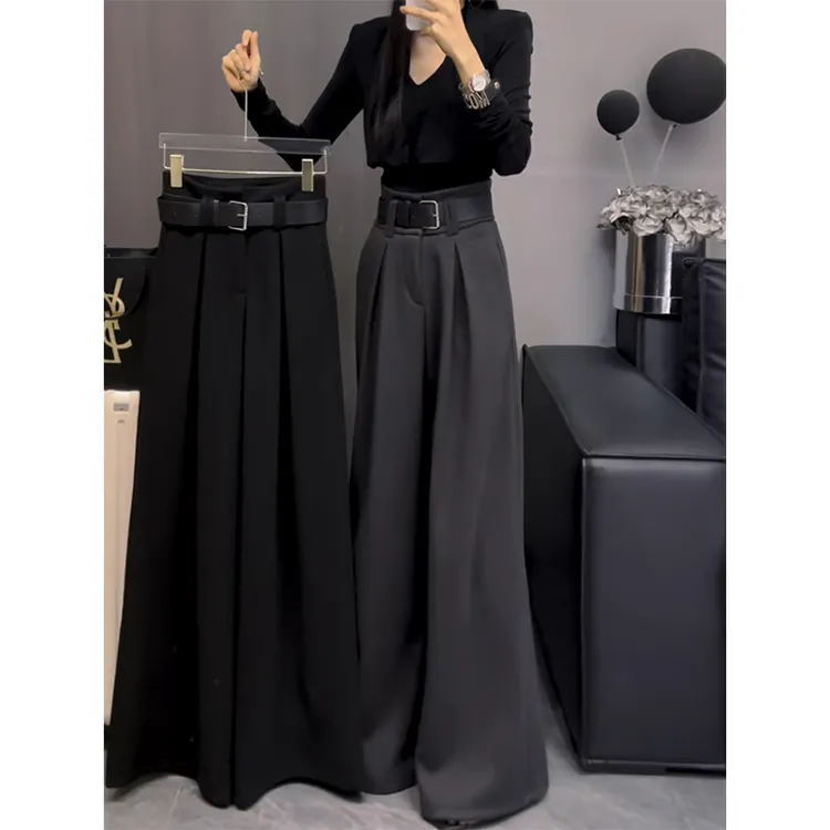 欧货新款2025流行女秋季垂感直筒裤小个子日常通勤高腰阔腿休闲裤