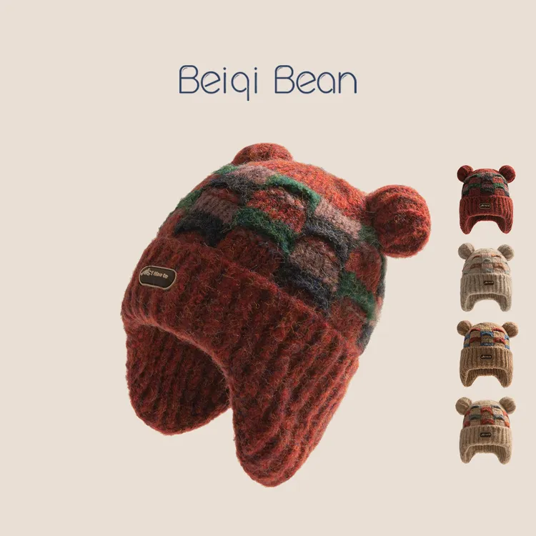 儿童帽子秋冬保暖护耳针织帽男女宝宝加绒加厚可爱小熊套头毛线帽