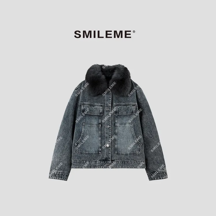 3-SMILEME【牛仔日记】冬季90白鸭绒狐狸毛领牛仔羽绒服MA07725412