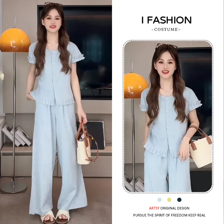 小个子休闲花边套装女2025年夏季纯色气质宽松遮肉上衣长裤两件套